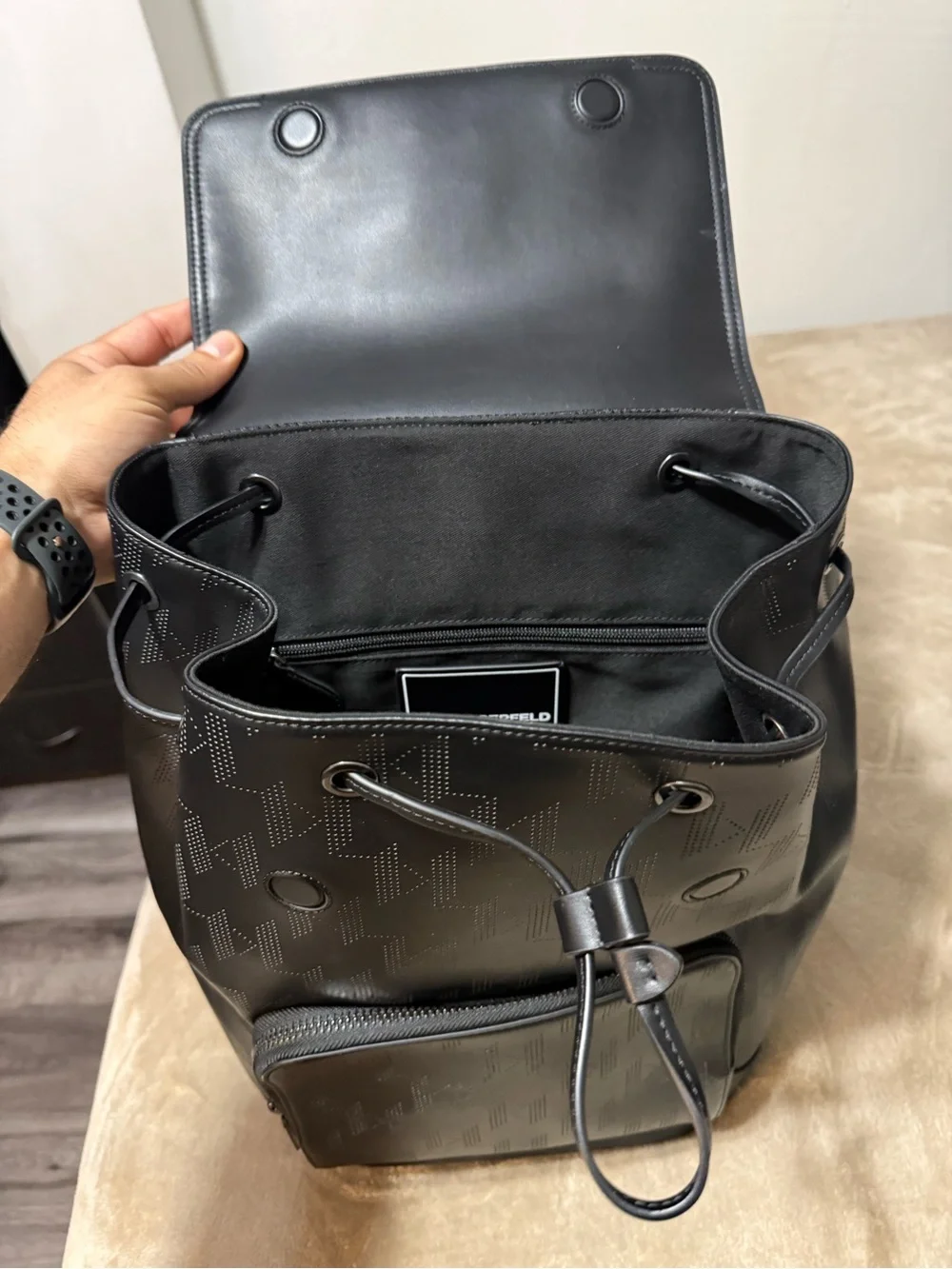 Men Karl Lagerfeld Black Perforated Leather Backpack